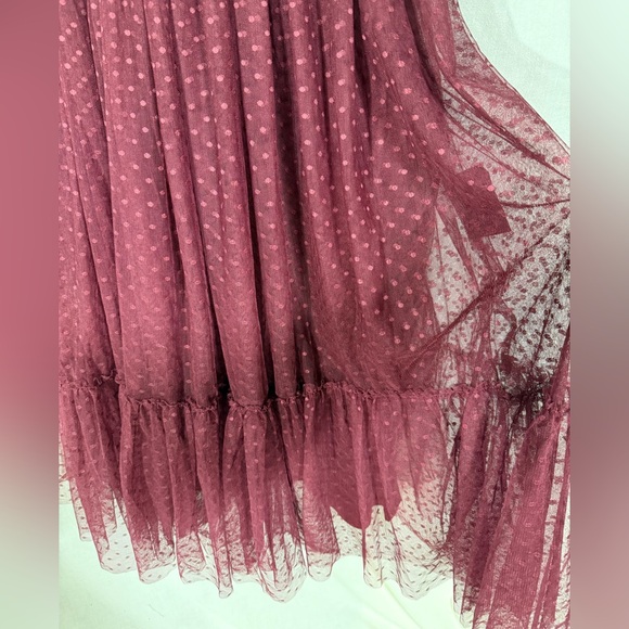 Lulu's Sweet Amor burgundy Tulle Swiss Dot Tiered Bustier Midi Dress Size Large - Picture 7 of 14
